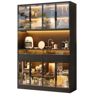 Merax LED Glasvitrine 120 x 40 x 180 cm, Vitrinenschrank mit Kaffee-Bar, Arbeitsfläche, 8 Glastüren & 2 Schubladen, Barschrank Schwarz