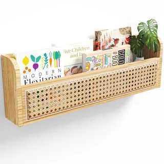 Ecowillon Rattan-Wandregal aus Holz, 61 cm, hängende Bücherregale für die Wand, Bilderleiste aus Weidengeflecht, Boho-dekorative Regale für netzartige Kinderzimmer, schwebendes Rattan-Regal für Büro,