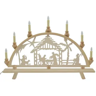 Erzwelt - Lichterbogen DBR55 – Schwibbogen aus Holz – Leuchtbogen mit 7 Kerzen – Original Erzgebirge Fensterbogen – handgemachte Weihnachtsdeko – Motiv Krippe – 55 x 37 x 5 cm