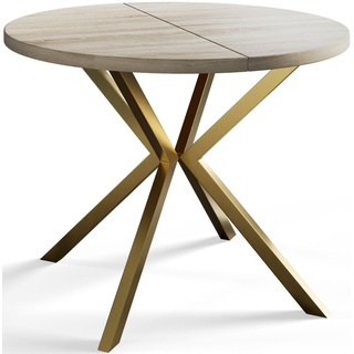 Runder Esszimmertisch LOFT LITE, ausziehbarer Tisch Durchmesser: 100 cm/180 cm, Wohnzimmertisch Farbe: Beige, mit Metallbeinen in Farbe Gold