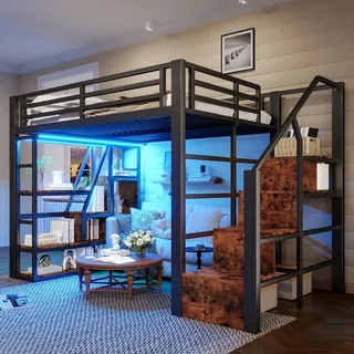 Hochbett, 140 x 200 cm, Eisenrahmen, Ablagefach, integrierte Stufen, Schutzgeländer, Leiter, mit LED-Lichtleiste, offener Stauraum unter dem Bett,... - Schwarz