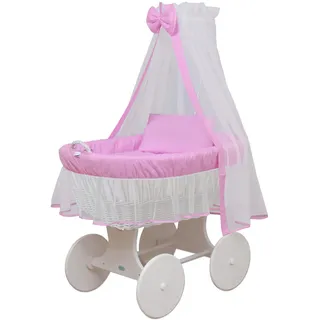 waldin Stubenwagen-Set mit Ausstattung,XXL,Bollerwagen,komplett,6 Modelle wählbar,Gestell/Räder weiß lackiert,Stoffe rosa/weiß