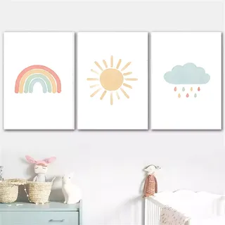 Ueiwffzo 3er Set Poster Wandbilder Kinderzimmer ohne Rahmen, Niedliches Wolken Sonne Regenbogen Wandbild, Poster Deko Wanddeko für Kinderzimmer Babyzimmer (30 x 40 cm)