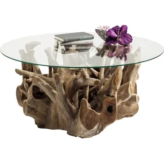 Kare Design Couchtisch Roots, Braun, 100cm Durchmesser, Beistelltisch, Wohnzimmertisch, Massivholz Korpus, ESG-Glas Tischplatte, handgemacht, Unikat, rund, 45x100x100 cm (H/B/T)