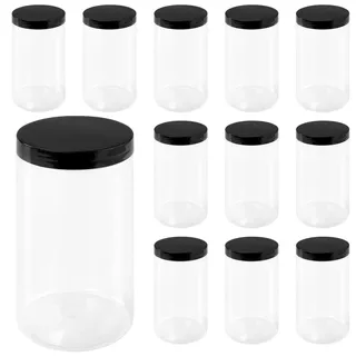 HONYUET Runde Kunststoffgläser mit Deckel, 1000 ml, großes Glas mit schwarzen Kunststoffdeckeln, leeres Kunststoffglas, transparente Weithalsbehälter für Nudeln, Kaffeebohnen, 12 Stück