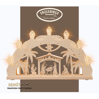 weigla - Schwibbogen LED original Erzgebirge 7 flg. Bethlehem - Lichterbogen Weihnachten - 7 x 34 V, 0,2 W, E10 - Weihnachtsdeko innen - Schwibbogen aus Holz