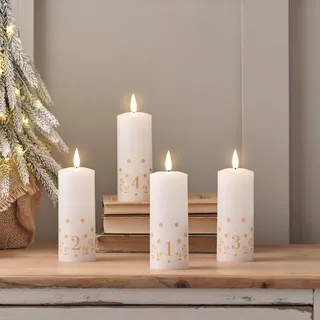 Lights4fun TruGlow® 4er-Set Adventskerzen mit Zahlen | Fernbedienung & Timer | warme LEDs Kerzen für Adventskranz | Weiß | 2,5 cm (H) x 5 cm (B)