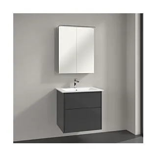 Villeroy & Boch Finero Badmöbel Set 65 cm, Glossy Grey Waschtisch mit Waschtischunterschrank und Spiegelschrank