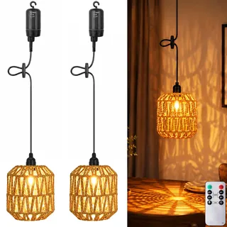 Boho Rattan Hängelampe,2 Stück Außen Innen Hängeleuchte,Batteriebetriebene Lampe Tragbare,Boho Korb Lampenschirm Pendelleuchte,Lampe Hängend,Hängeleuchte Rattan Mit Fernbedienung