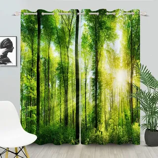 FABTOP Wald Vorhänge Bäume Natürliche Landschaft Ösen Gardinen Mit Blickdichte Thermo Vorhang Wald-Verdunklungsvorhänge Dschungel Natur, Landschaft (6,150×166BxH (75×166cm×2))