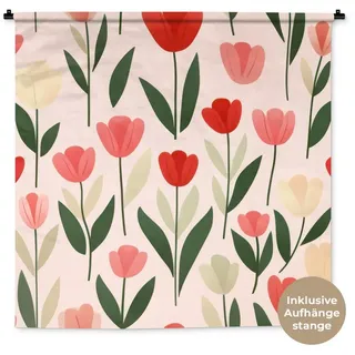MuchoWow Wandteppich Tulpen - Modern - Rosa, Quadratisch, Höhe: 3 mm, Wandtuch, Wanddekoobjekt, 120x120 cm rosa|rot Quadratisch | 120 cm x 120 cm x 3 mm