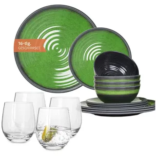 Moritz Geschirr-Set Camping Geschirr Stone Green + Milano Champagnergläser