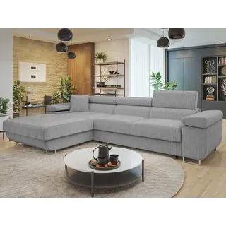 MIRJAN24 Ecksofa Torezio Mini Cord, mit Bettkasten und Schlaffunktion, Einstellbare Kopfstützen, 280x170x70-90 cm grau