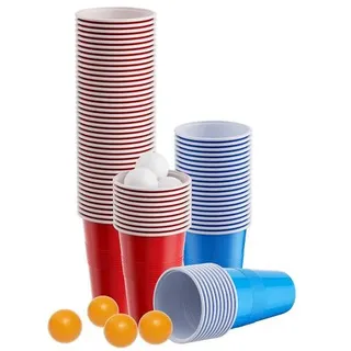 Beer Pong Partyspiel Set mit 100 Bechern und 10 Bällen, rot-blaue Becher 500 ml, Geschicklichkeitsspiel für Gartenparty, Studentenparty & Feiern