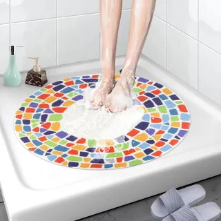 AMOMYDOG Duschmatte rutschfest, 60cm Luffa Massage Duschmatten Rund mit Ablauflöchern, Anti-Schimmel Schnell Trocknend Duschmatten für Kinder und ältere Menschen (Multicolor)