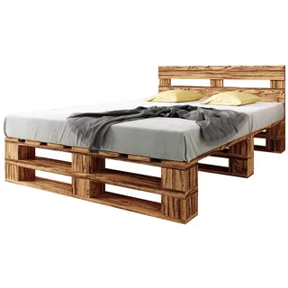 sunnypillow Palettenbett M2 aus Holz 180 x 200 cm mit Kopfteil und Lattenrost, Doppelbett, Familienbett - erhöhtes Ehebett Bettgestell Futonbett Komforthöhe Geflammt Massivholzbett