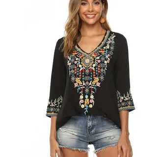drakloak Bluse Stickerei Damen Boho Bestickte Oberteile Tunika Folklore Hippie Blusen Blumenmuster Oberteil Kurzarm Lose Tops(054 BK M) - M