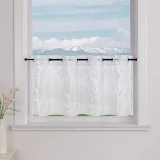 Delien Voile Scheibengardinen Küche mit Zweig-Muster B90 x H45 cm, Weiß | 1 Stück,Mit Ösen,Transparente Bistrogardine,Landhaus Kurzstores,Modern küchengardine,Kurz Vorhang für Klein Fenster