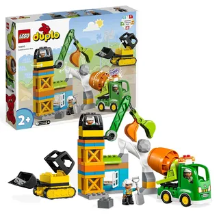 LEGO DUPLO Baustelle mit Baufahrzeugen, Kran, Bulldozer und Betonmischer-Spielzeug für 2-jährige Jungen und Mädchen mit großen Steinen 10990