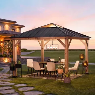 SUNJOY 3,36x3,36 m Holzpavillon mit lichtdurchlässigem Dachfenster, Pavillon Holz wasserdicht stabil Winterfest, Hardtop Stahldach, 14 cm Pfosten, Gartenpavillon für Terrasse & Deck