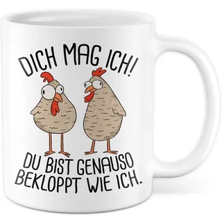 Lustige Tasse mit Spruch Kaffeetasse Humor Geschenk für Freunde Geschenkidee Kaffee-Becher witzig Dich mag ich Du bist genau so bekloppt wie ich Witz Büro Teetasse Arbeit (Weiß/Weiß)