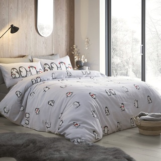 Fusion Weihnachts-Bettwäsche-Set mit schneebedecktem Pinguin, Einzelbettgröße, silberfarben