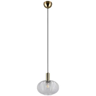 Reality Leuchten LED Pendelleuchte Rillenglas Lampenschirm Klar Ø 26cm, Leuchtmittel dimmbar, LED wechselbar, Warmweiß, Retro Hängelampe einflammig, 70er Style Kugel-Lampe hängend weiß