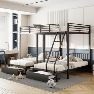 Merax Etagenbett, 140 x 200 cm und 90 x 200 cm, aus Metall mit 2 Schubladen, mit Stauraum, Schwarz (ohne Matratze)