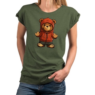 MAKAYA Print-Shirt Damen Kurzarm Teddybär coole lustige freche sexy Sommer Tops Teddy, Motiv grün