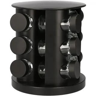 HOMLA Otto Drehbares Gewürzbehälterregal Rund - Praktisches Gewürzregal im Minimalistischen Design - Glas Metall und Kunststoff 12 Gläser Schwarz 19 x 21 cm
