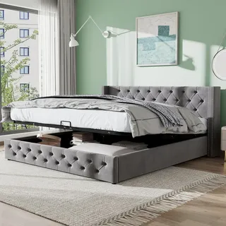 MODFU Boxspringbett Hydraulisches 140 x 200 cm mit Ohrenform Kopfteil und Knopfnähte, Polsterbett Doppelbett Stauraumbett mit Bettkasten Stauraum,... - Grau