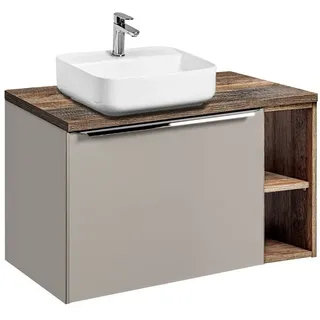 Lomadox Waschtisch Set mit 80cm Unterschrank und Regal, in Taupe mit Vintage Eiche, 40cm Keramik Waschbecken, Softclose-Schubkasten, B/H/T 80,4/62,5/46 cm
