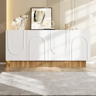ModernLuxe Sideboard Schrank 160×75×38 cm – Sideboard mit 4 Türen, großem Stauraum, U-Form Reliefstruktur, Wohnzimmer & Esszimmer Kommode - Weiß + Holzton