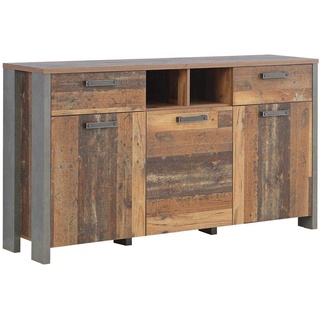 FORTE Clif Kommode mit 3 Türen und 2 Schubladen, Holzwerkstoff, Old – Wood Vintage/ Betonoptik Dunkelgrau, 156,4 x 86,3 x 41,6 cm