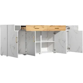 OKWISH Sideboard TV-Schrank Holz 208x39x80 cm, 2 Schubladen 4 Türen, weiß marmoriert Braun, modern Landhaus Multifunktional Aufbewahrung Wohnzimmer