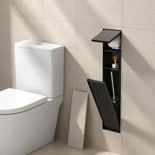 Unterputz Toilettenpapierhalter mit WC-Bürste und verstecktem Abfalleimer | Einbau Bad Wandnische mit Ablage und verstecktem Abfalleimer, 306 Edelstahl, befliesbare Front für Badezimmer