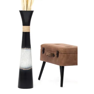 Leewadee Große Deko Bodenvase Für Dekozweige, Hohe Standvase Für Pampasgras, Design Holzvase, 90 cm, Schwarz Weiß