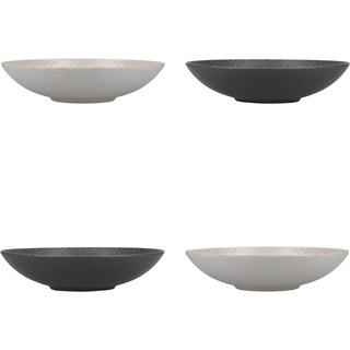 KitchenCraft Nudelschalen-Set mit 4 Stück in Geschenkbox, bleifreies glasiertes Steingut, geprägt in Grau / Schwarz, 22 cm, ideal für Ramen und Reis