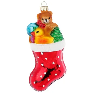Holly & Jolly Christbaumschmuck, Christbaumschmuck Glas Weihnachtsstrumpf mit Teddybär / Ente 13cm rot rot