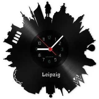 GRAVURZEILE Schallplattenuhr - Skyline Leipzig 2018 - Wanduhr aus gegossenem Vinyl mit Stadt Skyline 30 cm - Upcycling Design-Uhr Wand-Deko Vintage Wand-Dekoration Retro-Uhr - Made in Germany