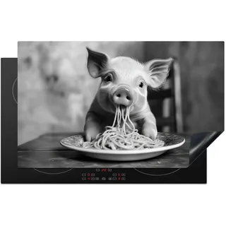 KitchenYeah© Herdabdeckplatte 85x52 cm Einteilig Ceranfeld Abdeckplatte für Induktionsschutz Ceranfeldabdeckung Vinyl Herdabdeckplatten Schwein - Spaghetti - Schwarz und Weiß - Tier
