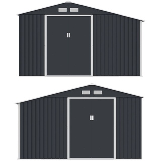 Juskys Metall Gerätehaus XL mit Holzunterstand - Großes Gartenhaus mit Schiebetür und Lüftungsgitter