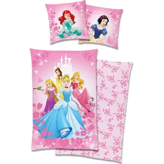 Disney Princess Prinzessin Arielle Cinderella Rapunzel Belle Aurora Bettwäsche 80x80 + 135x200 cm, 100% Baumwolle mit Reißverschluss - Rosa/Bunt