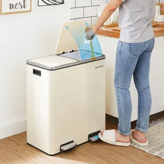 Songmics Mülleimer, 2 x 30 Liter mit Deckel und Inneneimer cremeweiß Metall, 30l
