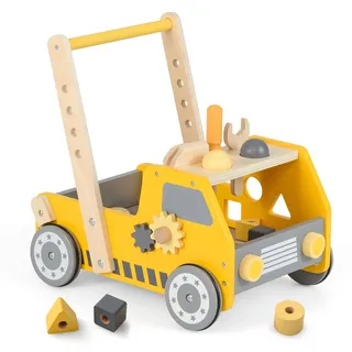 GOPLUS Lauflernwagen Holz, 2 in 1 Lauflernhilfe mit Lernaktivitäten, verstellbare Geschwindigkeit, offener Stauraum, Baby Walker, Laufwagen für Jungen und Mädchen