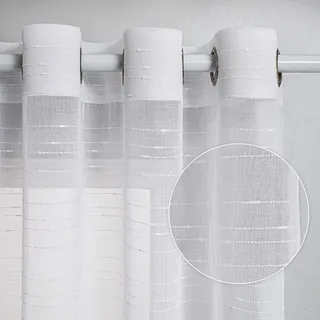MYSKY HOME Vorhang Kurz Weiß Gardinen mit Ösen Voile Vorhänge Kinderzimmer Gardine Wohnzimmer 2er Set Modern Weiss Streifen Ösenschal Transparent Dekoschal für Schlafzimmer H 160 x B 140, Weiss.