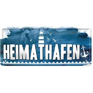Heimathafen - Retro Deko Blechschild - Metallschild für ihren Lieblingsplatz - Dekoration Schild für Eingang Haustür Küche Garage Boot - vintage maritim style - Anker und Leuchtturm - 28x12cm