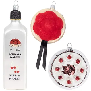 Impuls Weihnachtskugeln Schwarzwald Set | Bollenhut Kirschwasser & Schwarzwälder Kirschtorte | Geschenk Weihnachten Christbaumschmuck Geschenkset | handbemalt und mundgeblasen