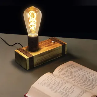GBLY Vintage Tischlampe Holz Tischleuchte Retro Nachttischlampe E27 Industrial Nachttischleuchte 20CM Nachtlampe mit Stecker für Schlafzimmer Wohnzimmer Arbeitszimmer - Ohne Leuchtmittel