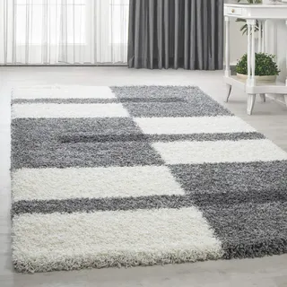 HomebyHome Hochflor Teppich Läufer 80x150 cm Hellgrau Weiche Shaggy Flokati Matte im Karierten Design Dekorativer Bodenläufer für Flur, Küche oder neben dem Bett Pflegeleicht